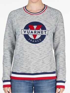 Vuarnet Light Grey Crewneck Sweater with Navy & Red Logo Trim | Size Small